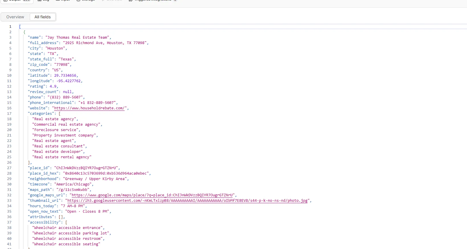 JSON output example