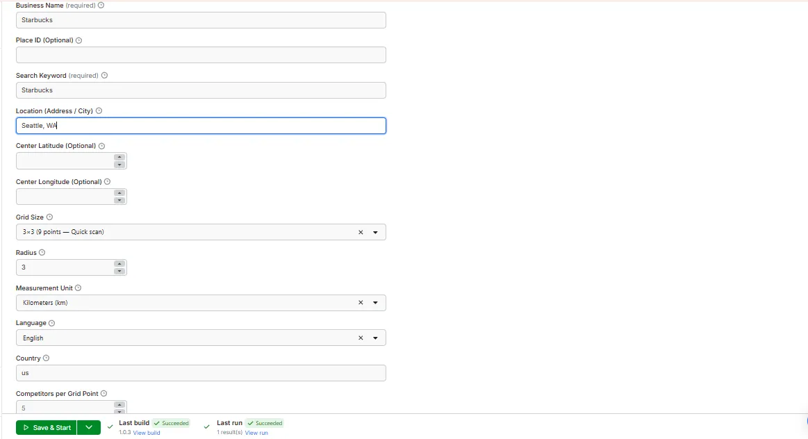 Screenshot of the Apify Console input form with fields filled in