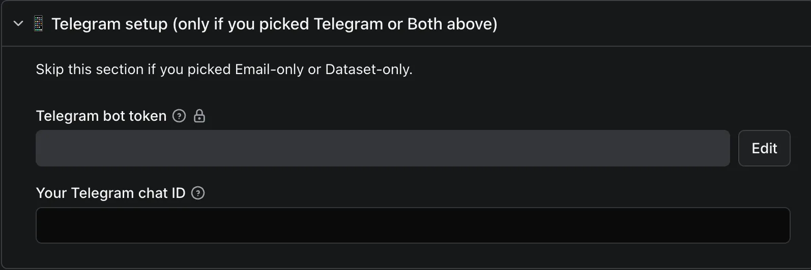 Telegram setup — bot token + chat ID input fields