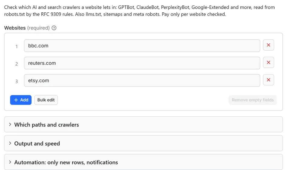 Input form of Robots.txt and AI Crawler Access Checker API
