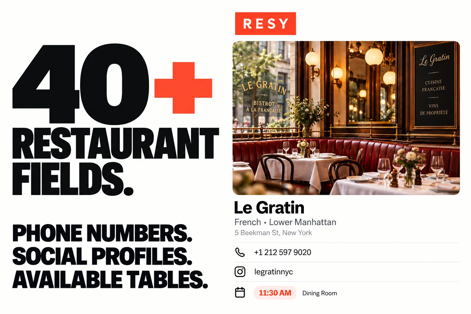 40+ restaurant fields. Phone numbers. Social profiles. Available tables.