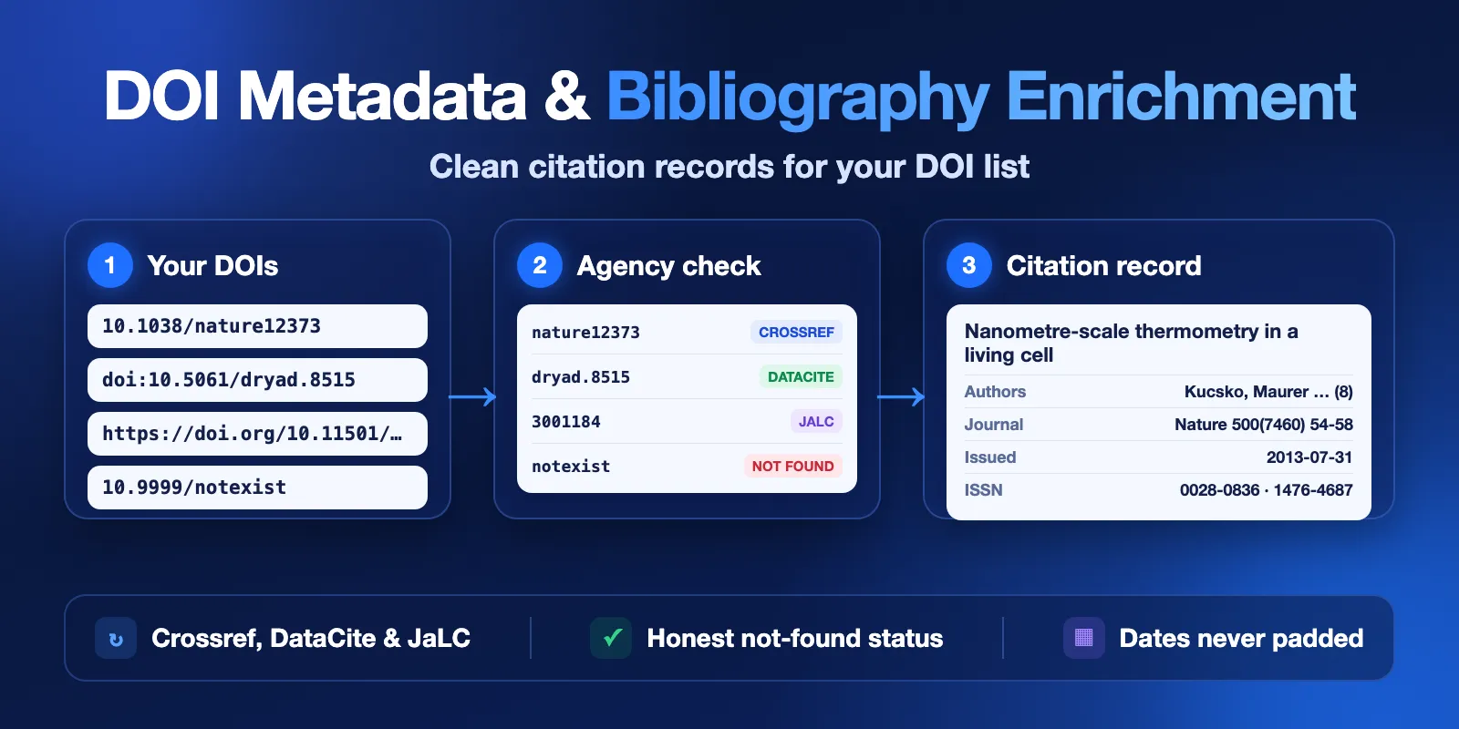 DOI Metadata & Bibliography Enrichment: paste DOIs, check the registration agency, get a clean citation record from Crossref, DataCite or JaLC