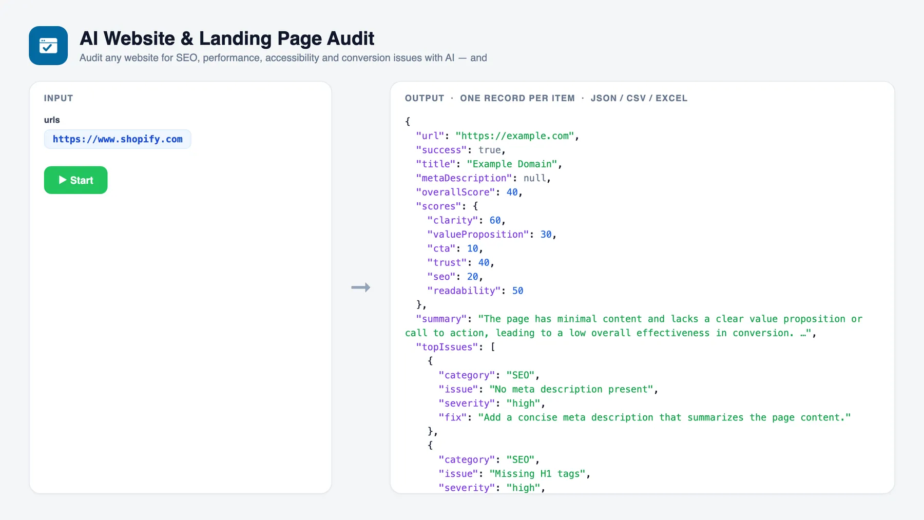 AI Website & Landing Page Audit — input and sample output