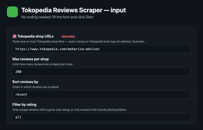 Tokopedia Reviews Scraper input form on Apify