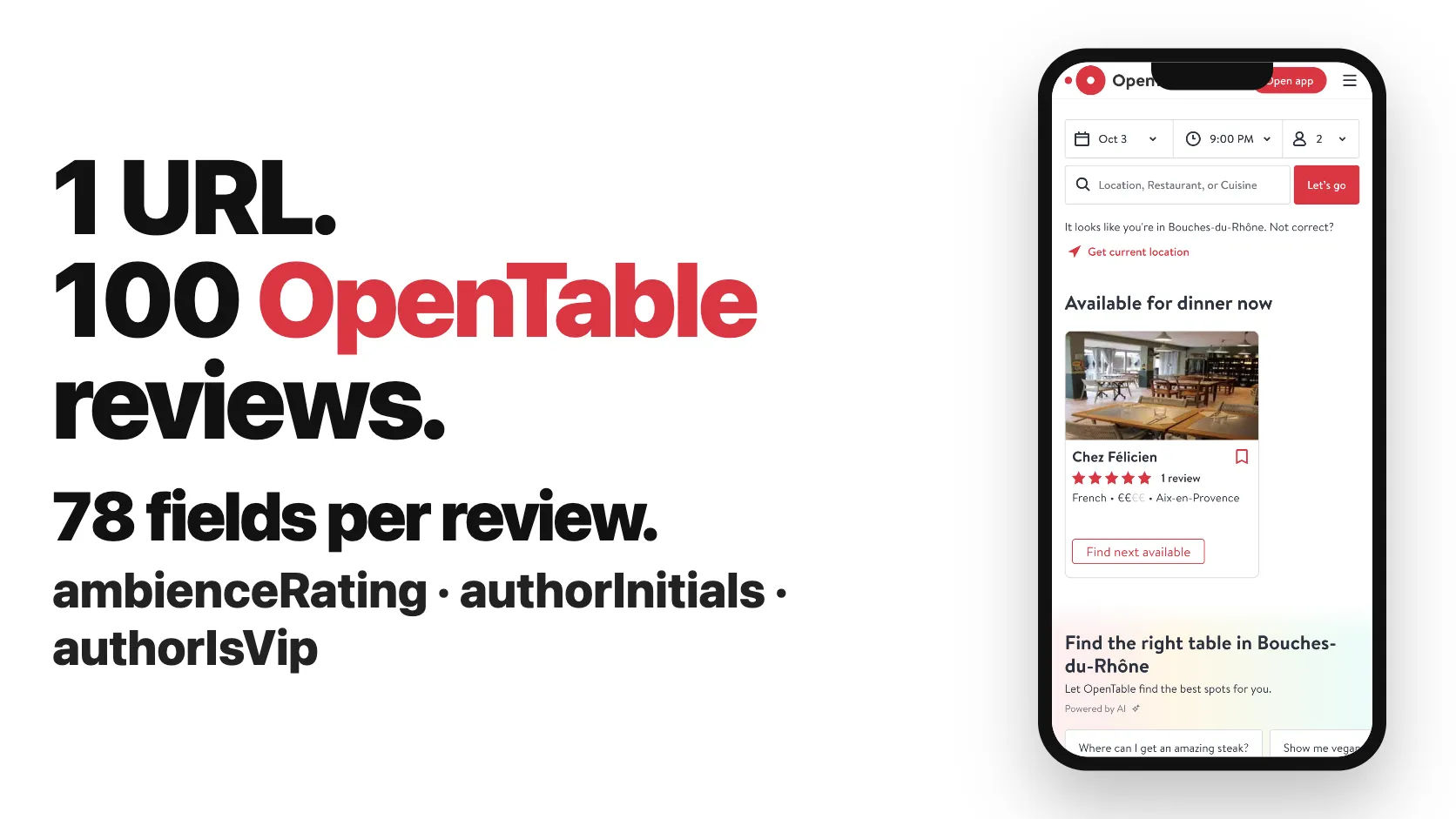 1 URL. 100 OpenTable reviews. 78 fields per review.