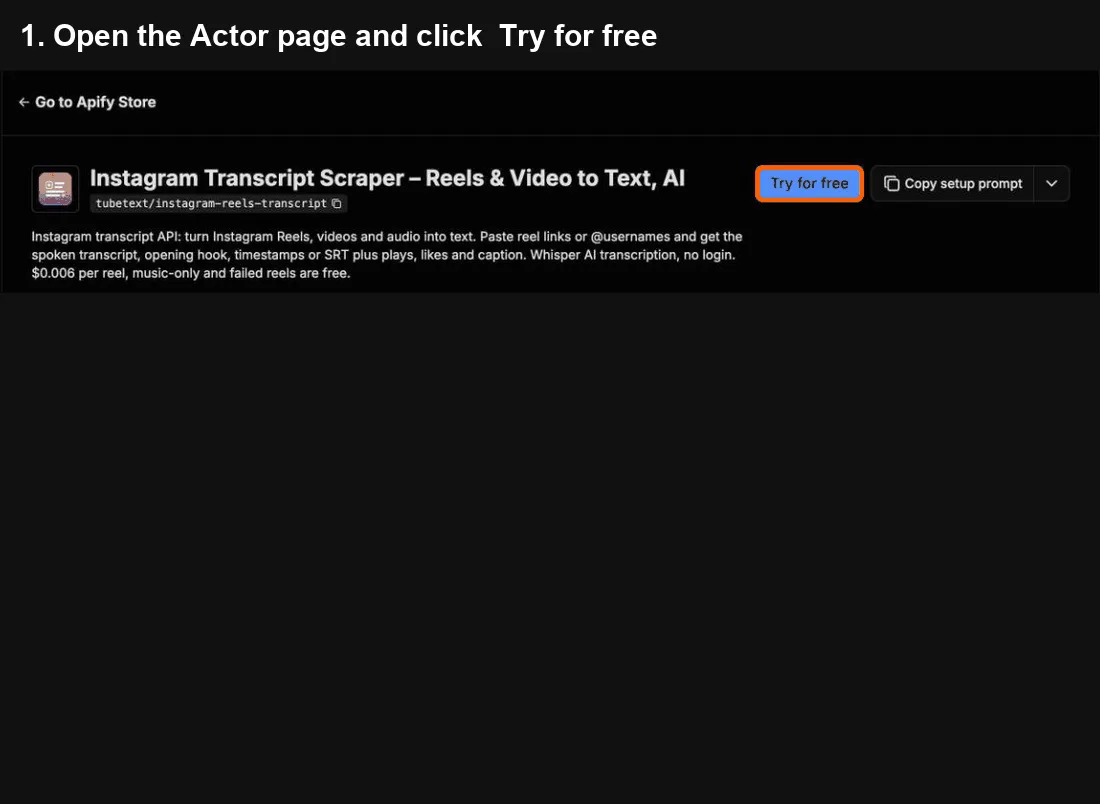 Instagram Reels Transcript quick start: click Try for free, paste your input, click Start, export to Excel