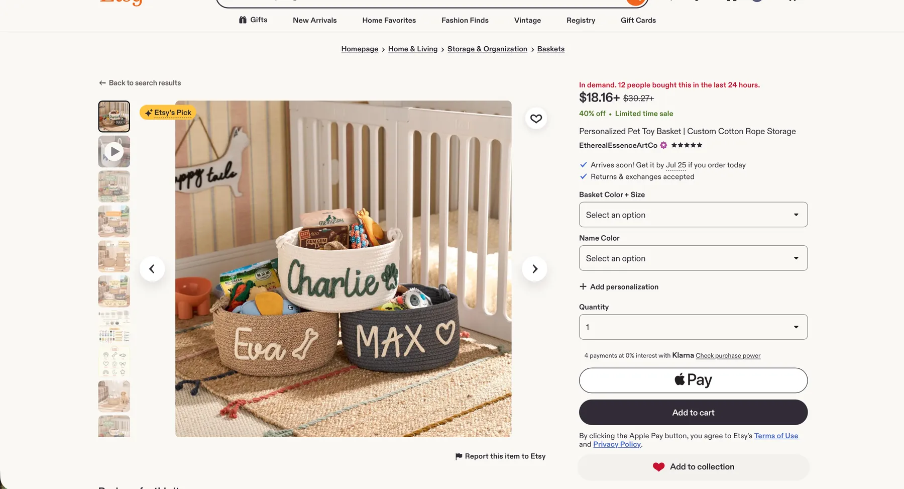 Etsy listing — EtherealEssenceArtCo personalized rope basket