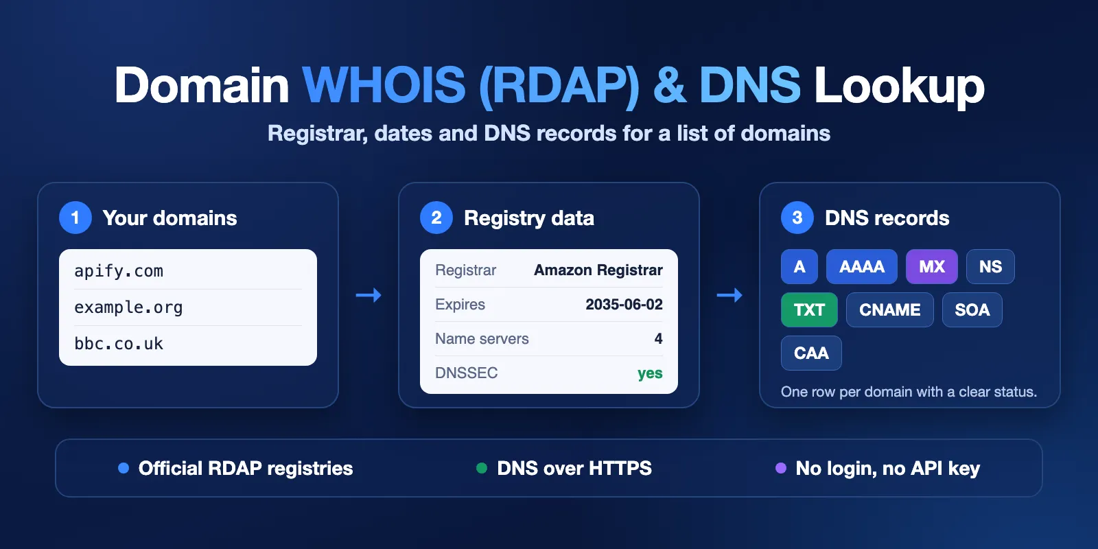 Domain WHOIS (RDAP) & DNS Lookup: paste domains, get registrar, expiry date, nameservers, DNSSEC and DNS records in one row per domain