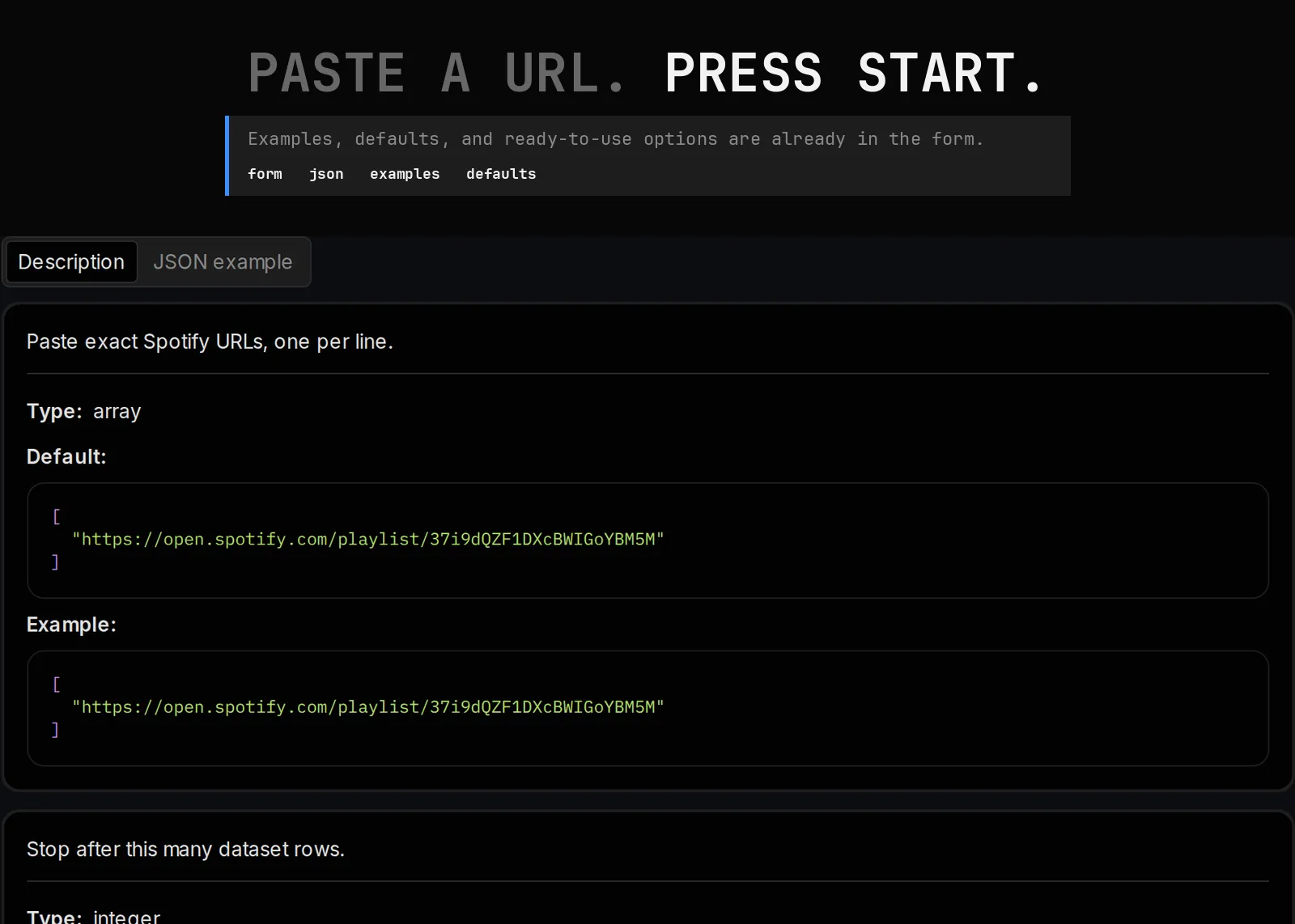 Spotify Music Scraper published input controls