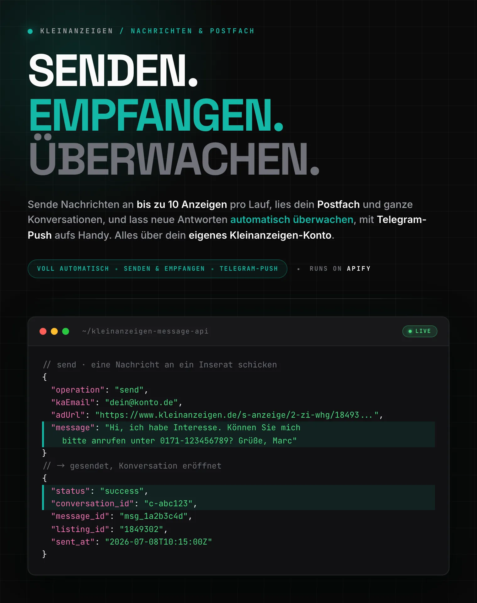 Kleinanzeigen Nachrichten & Postfach automatisieren: Nachrichten an Inserate senden, Postfach und Konversationen lesen, neue Antworten per Telegram-Push überwachen, als strukturiertes JSON