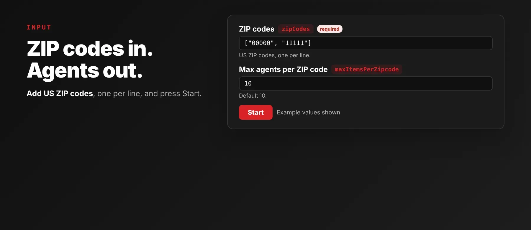 Realtor.com Agents by Zip Code Scraper input: ZIP codes and max agents per ZIP code