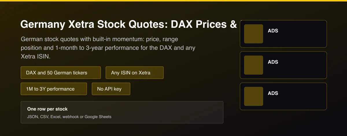 Germany Xetra Stock Quotes: DAX Prices & Performance - Xetra German stock quotes API with DAX prices and 1 month to 3 year performance