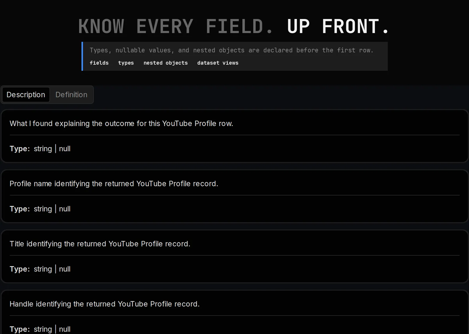 YouTube Profile Scraper declared output schema