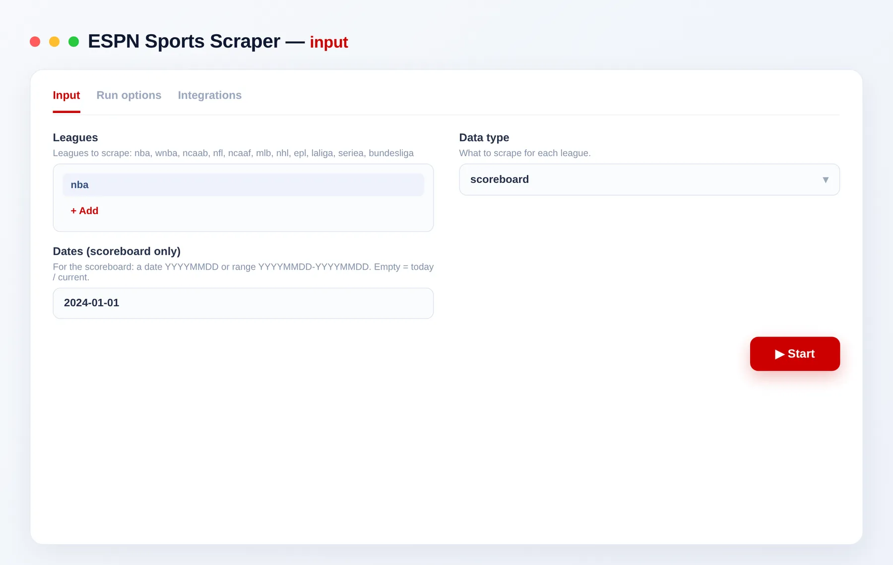 ESPN Sports Scraper input โ leagues, data type and date range in the Apify Console