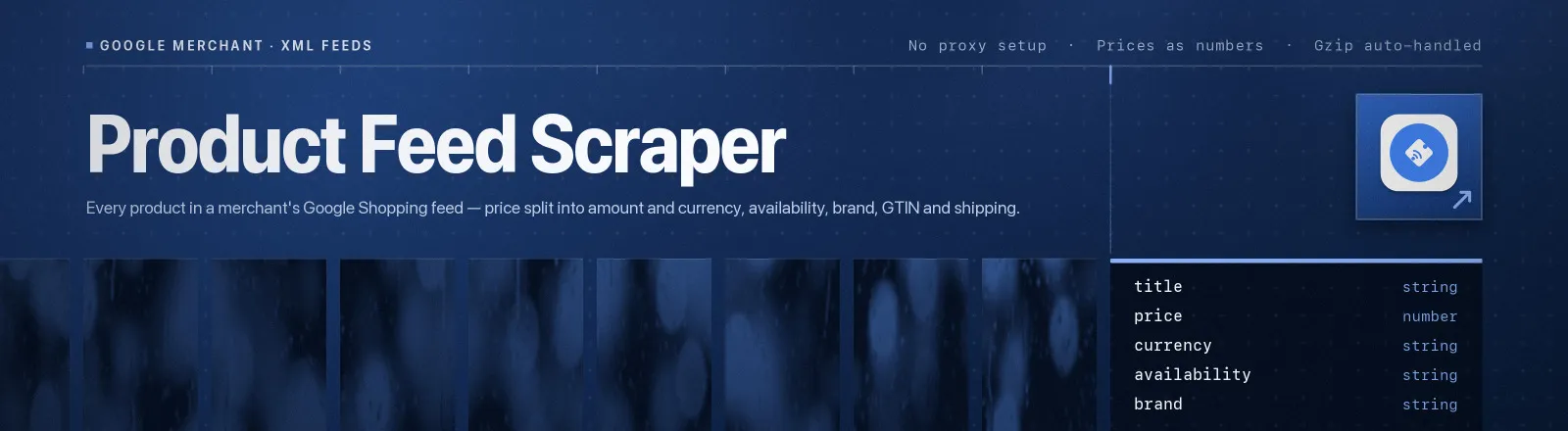 Product Feed Scraper: Every product in a merchant's Google Shopping feed, price split into amount and currency, availability, brand, GTIN and shipping