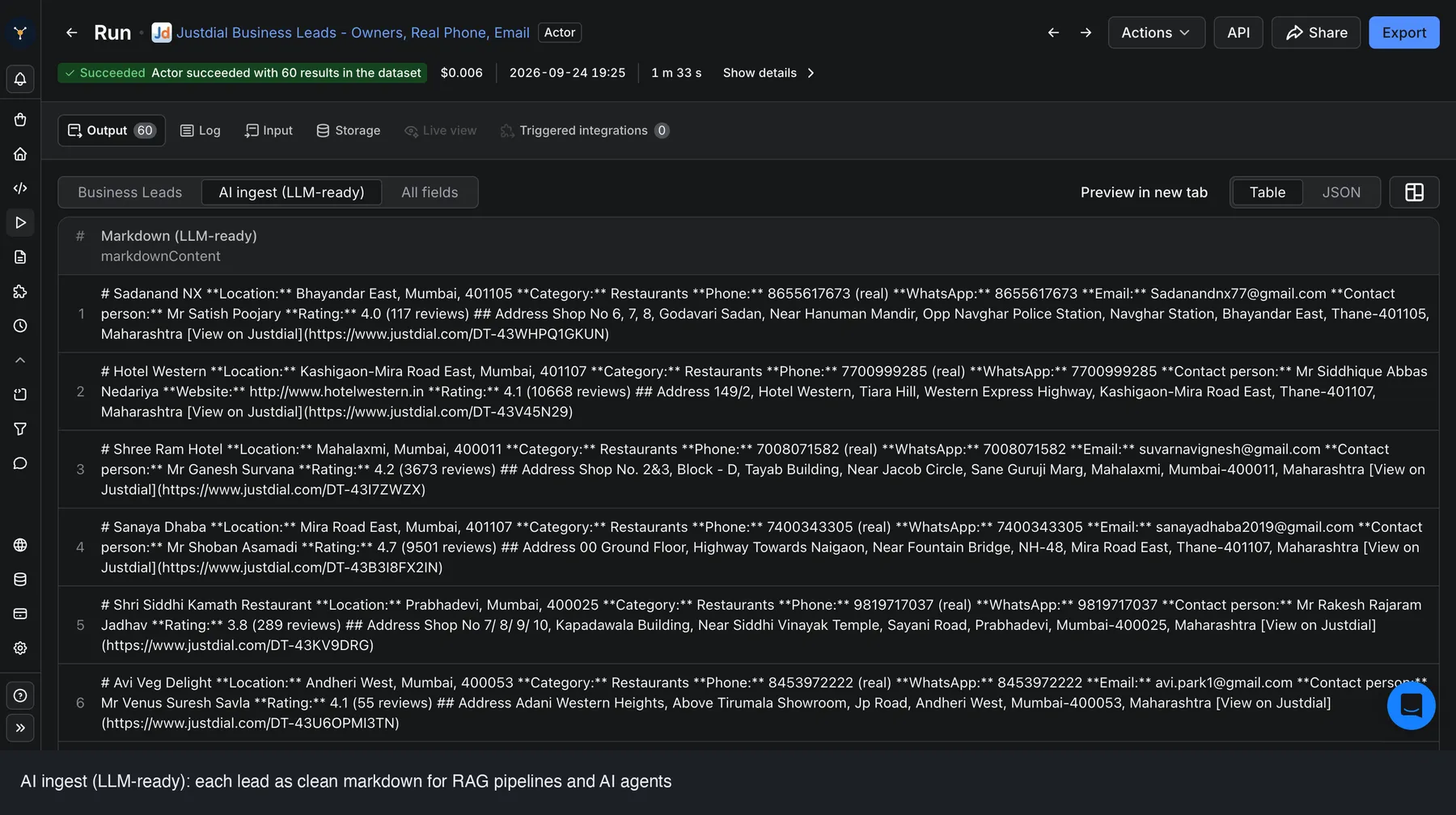 AI-ingest (LLM-ready) view: each Justdial lead rendered as clean markdown with phone, email, owner and GST for RAG and AI agents