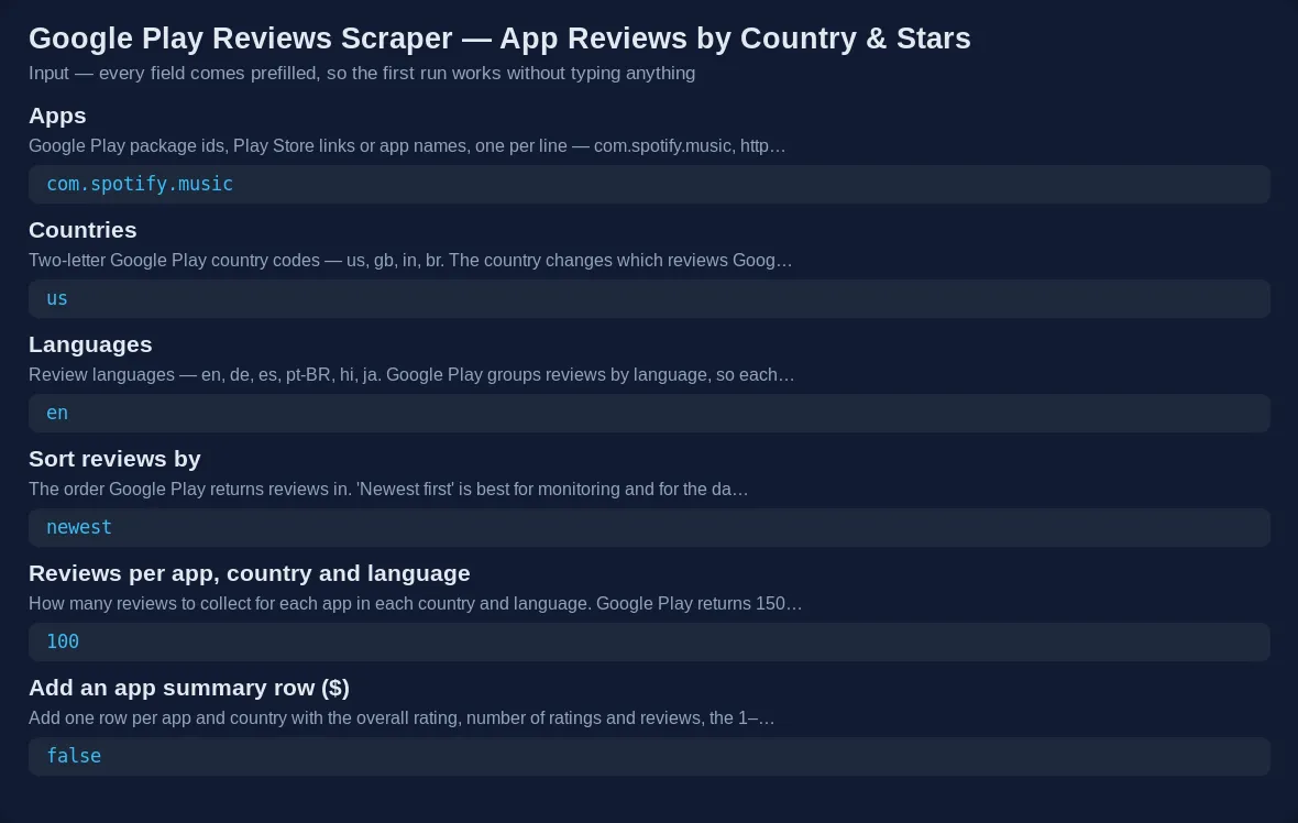 Google Play Reviews Scraper input form: package id or Play Store link, countries, languages, sort and reviews per app