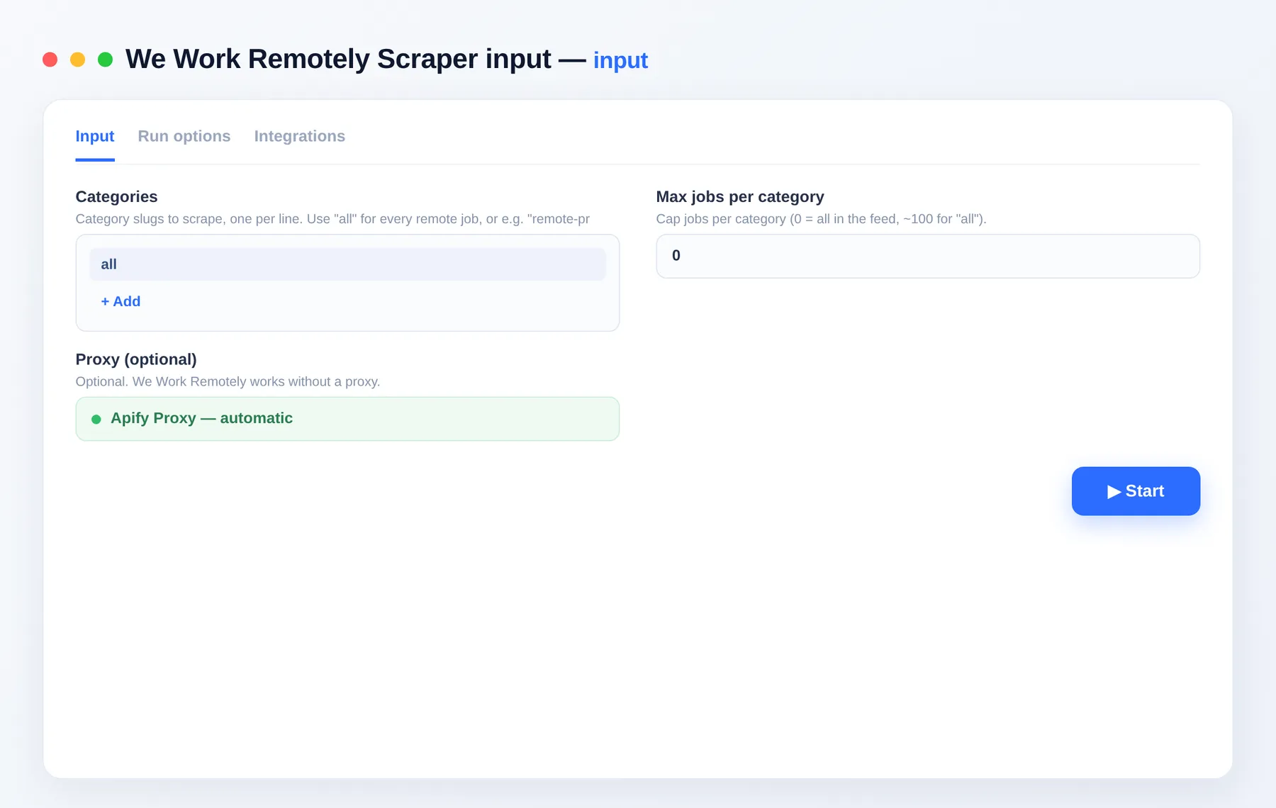 We Work Remotely Jobs Scraper input — category slugs and per-category cap in the Apify Console