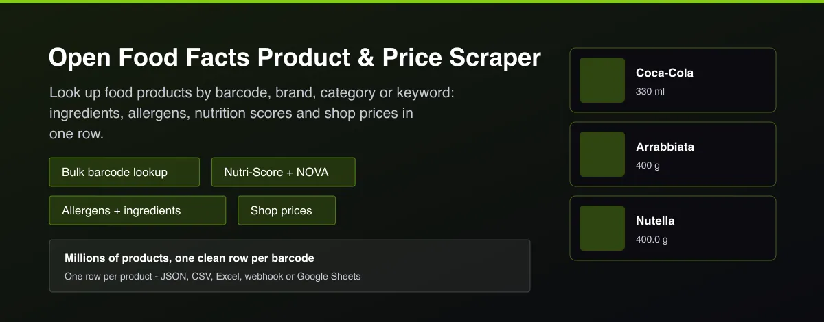 Open Food Facts Product & Price Scraper - food barcode lookup with nutrition, allergens and prices