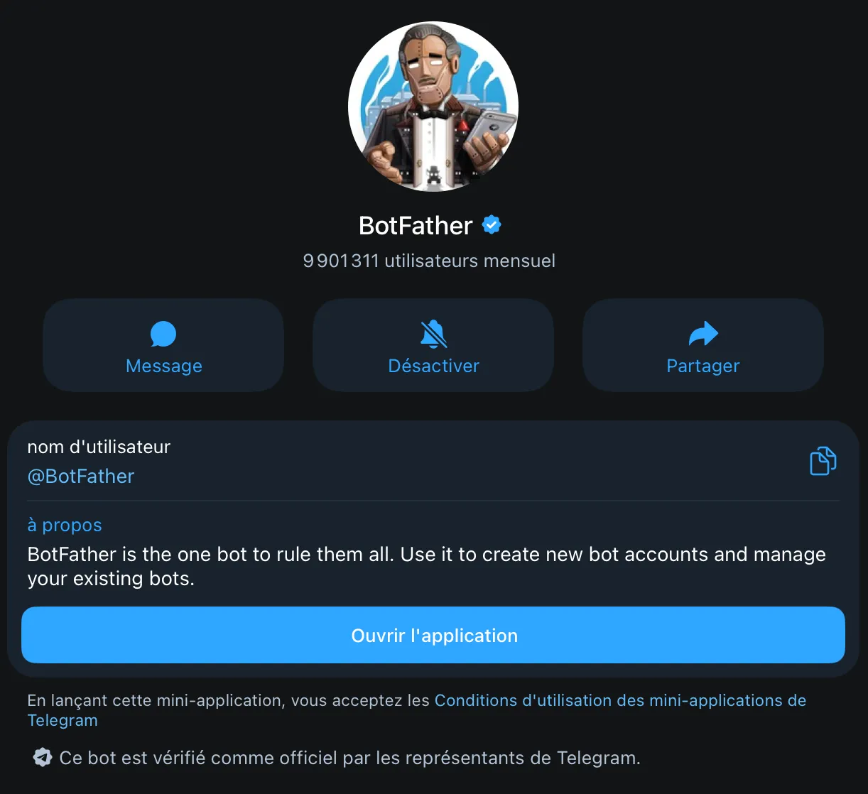 @BotFather verified bot profile in Telegram