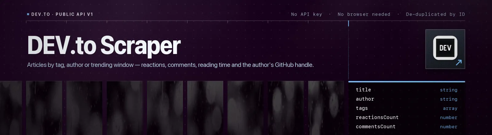 DEV.to Scraper: Articles by tag, author or trending window, reactions, comments, reading time and the author's GitHub handle
