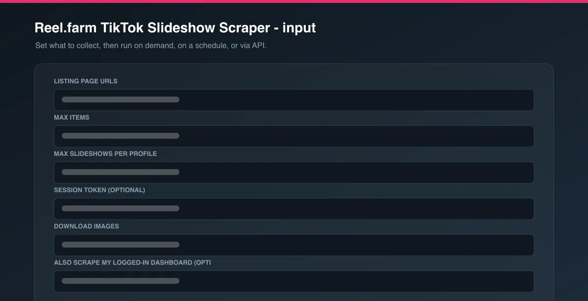 Reel.farm TikTok Slideshow Scraper input options