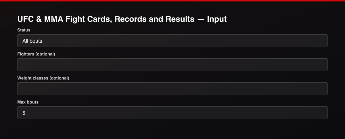 UFC & MMA Fight Cards, Records and Results input form