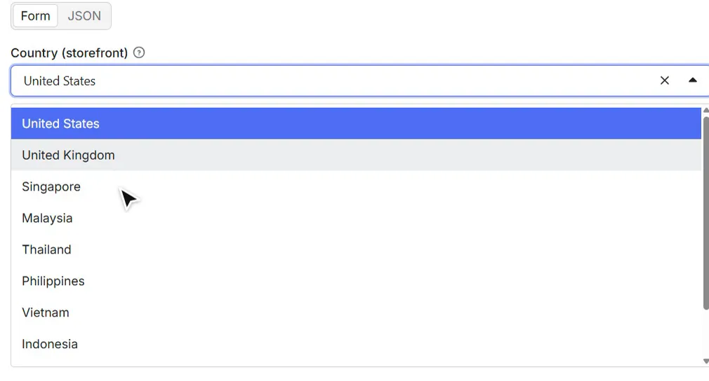 Country selector with the 10 TikTok Shop countries