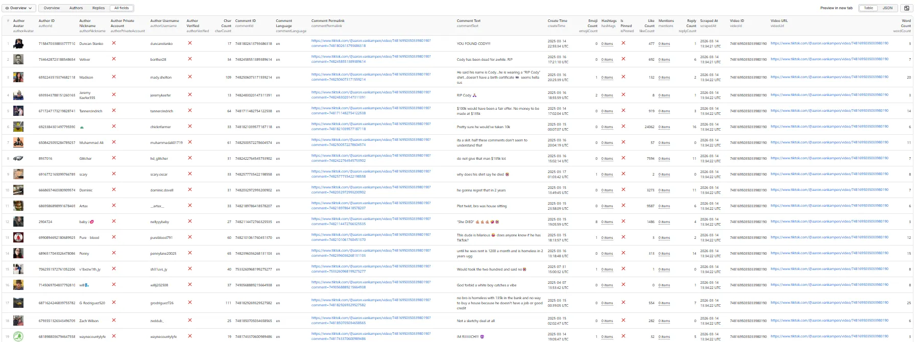 Output table view showing all comment fields Output — All Fields with Replies (Table View)