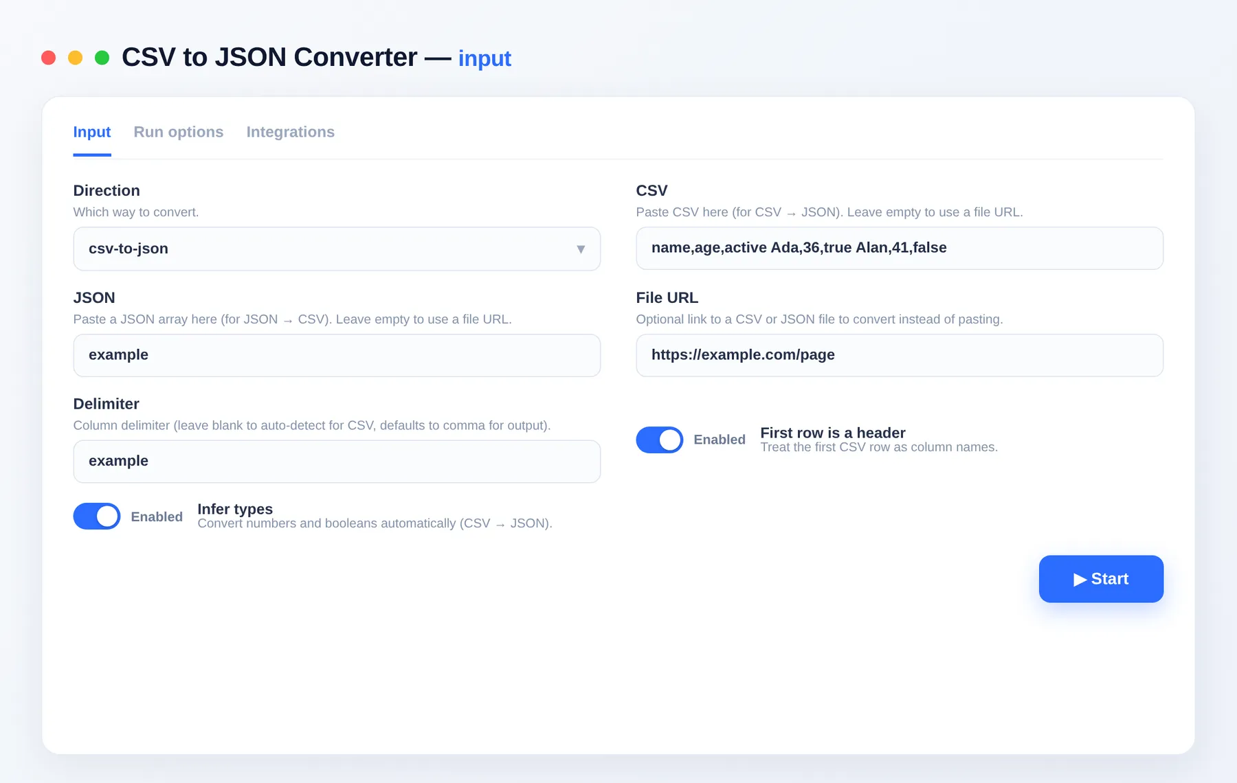 CSV to JSON Converter input — configure the options in the Apify Console