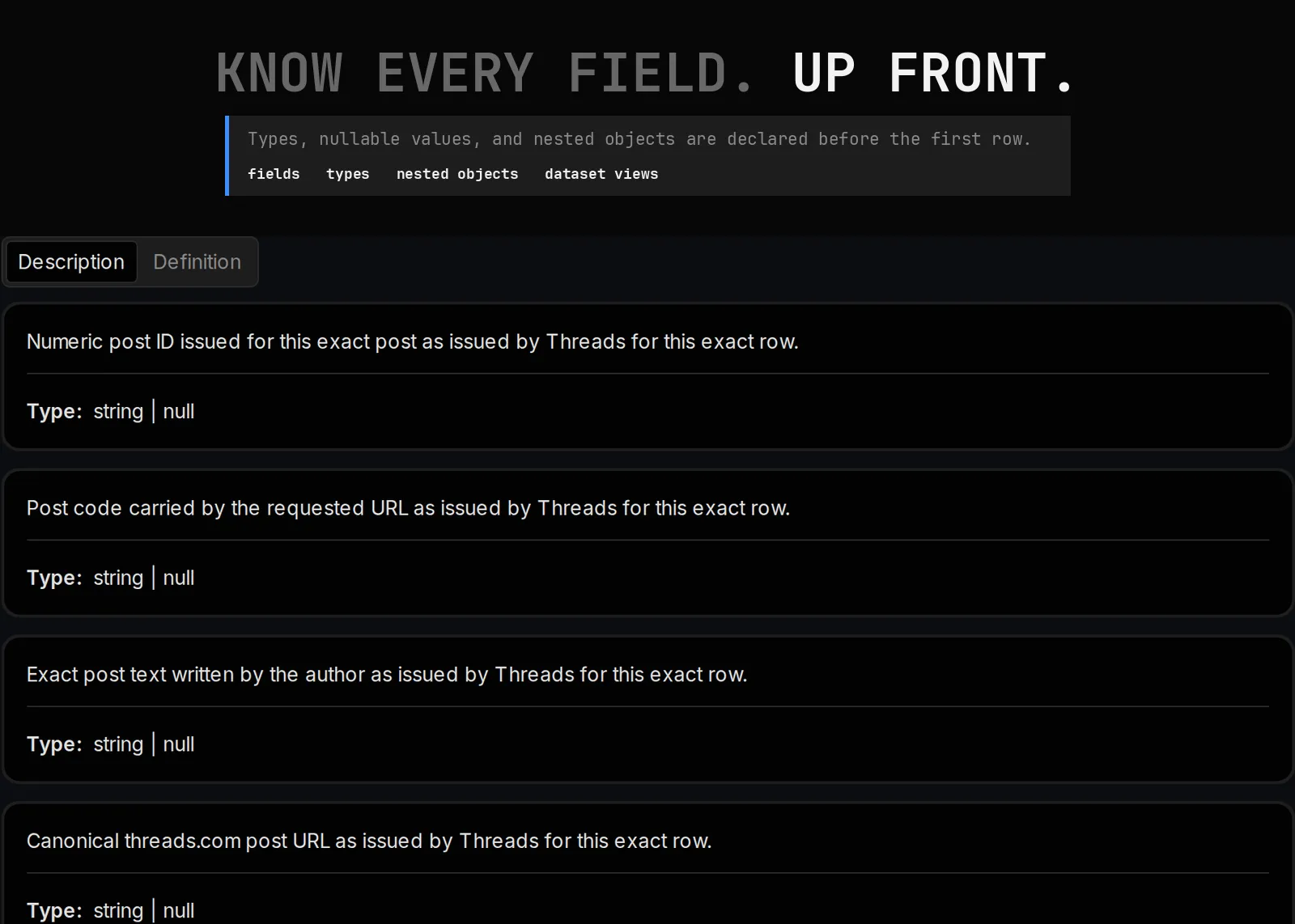 Threads Post Scraper declared output schema