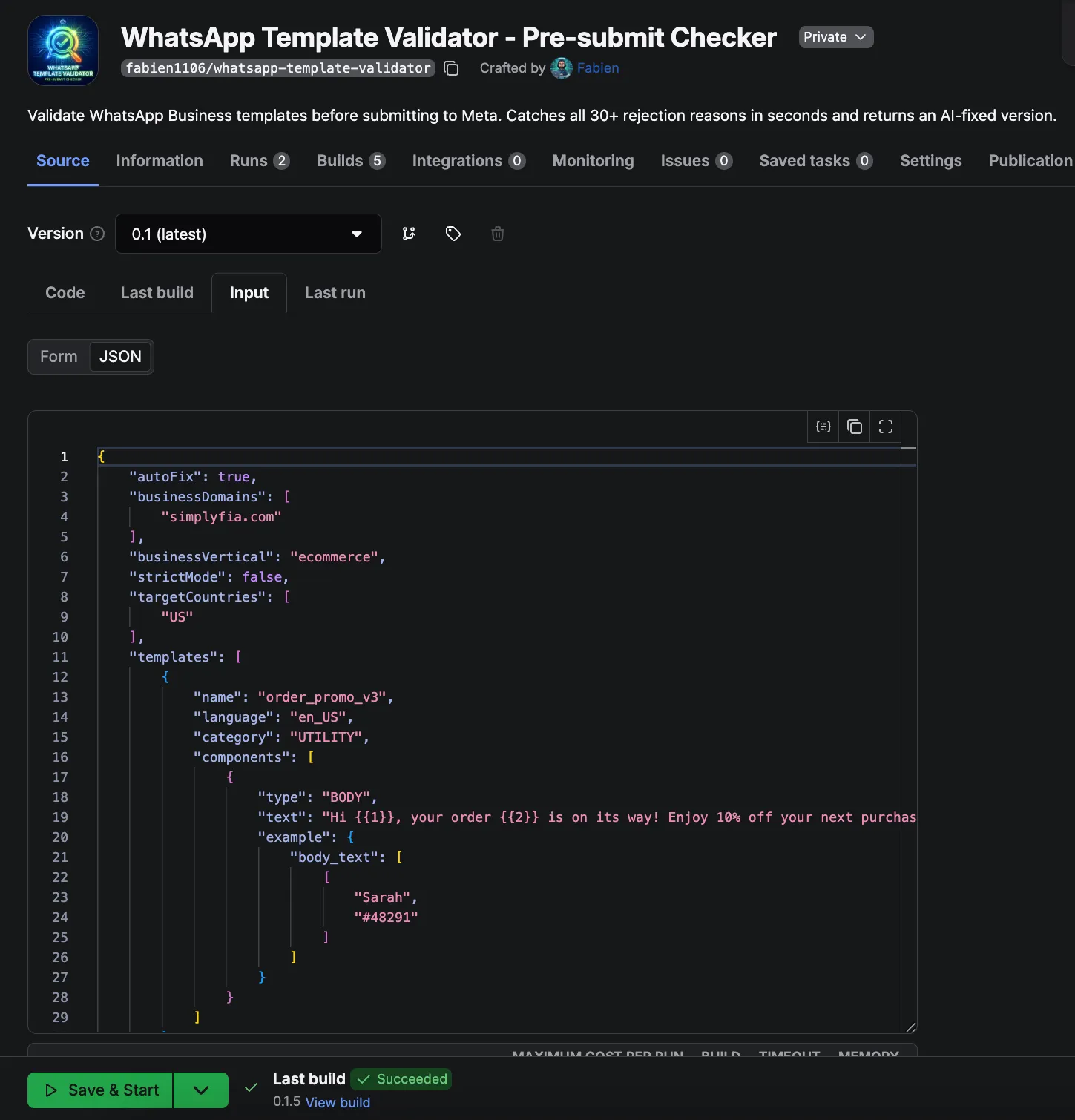 Input — paste your templates as JSON, set targetCountries and autoFix
