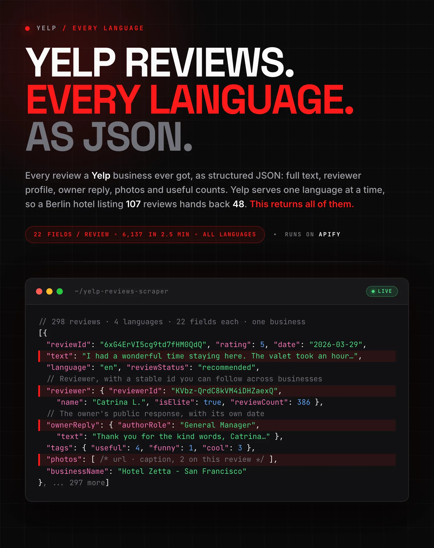 Yelp reviews scraper: star rating, full review text, reviewer profile, owner reply and photos as structured JSON in every language