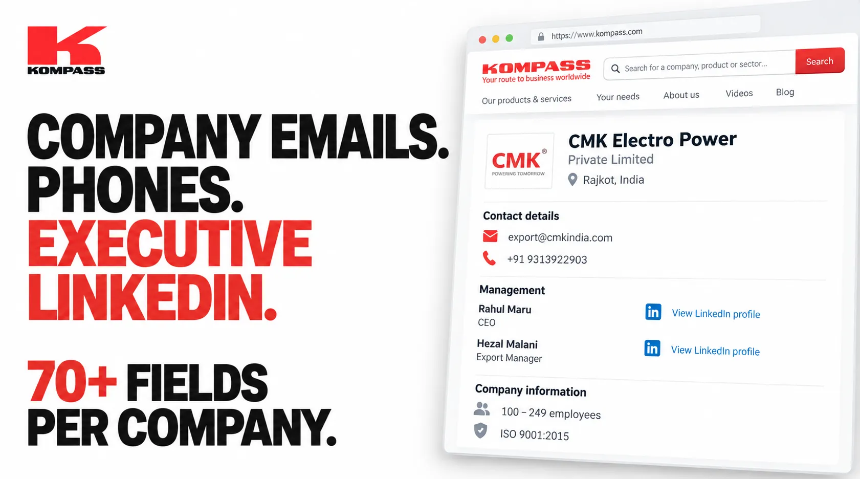 Company emails. Phones. Executive LinkedIn. 70+ fields per company.