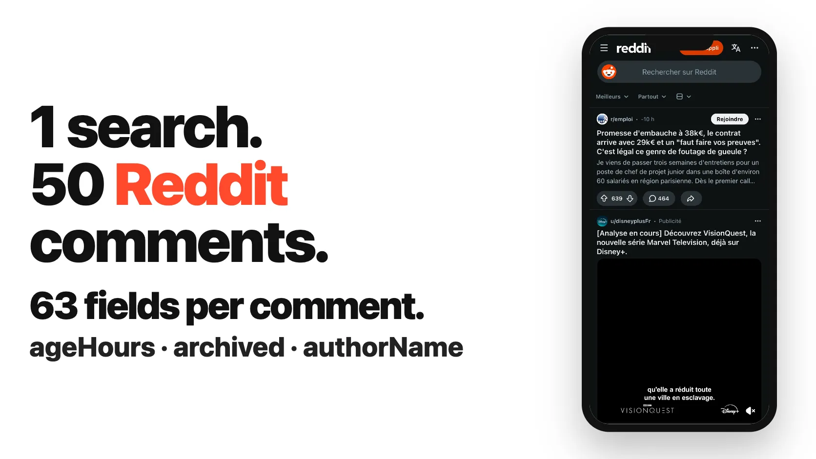 1 search. 50 Reddit comments. 63 fields per comment.
