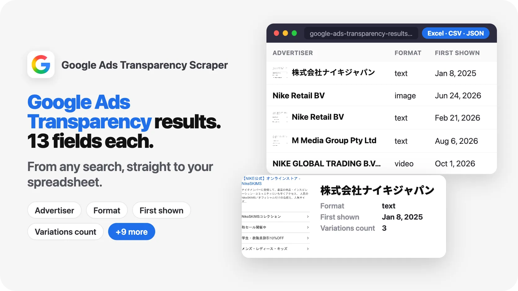 1 search. 100 Google Ads Transparency results. 7 fields per result.
