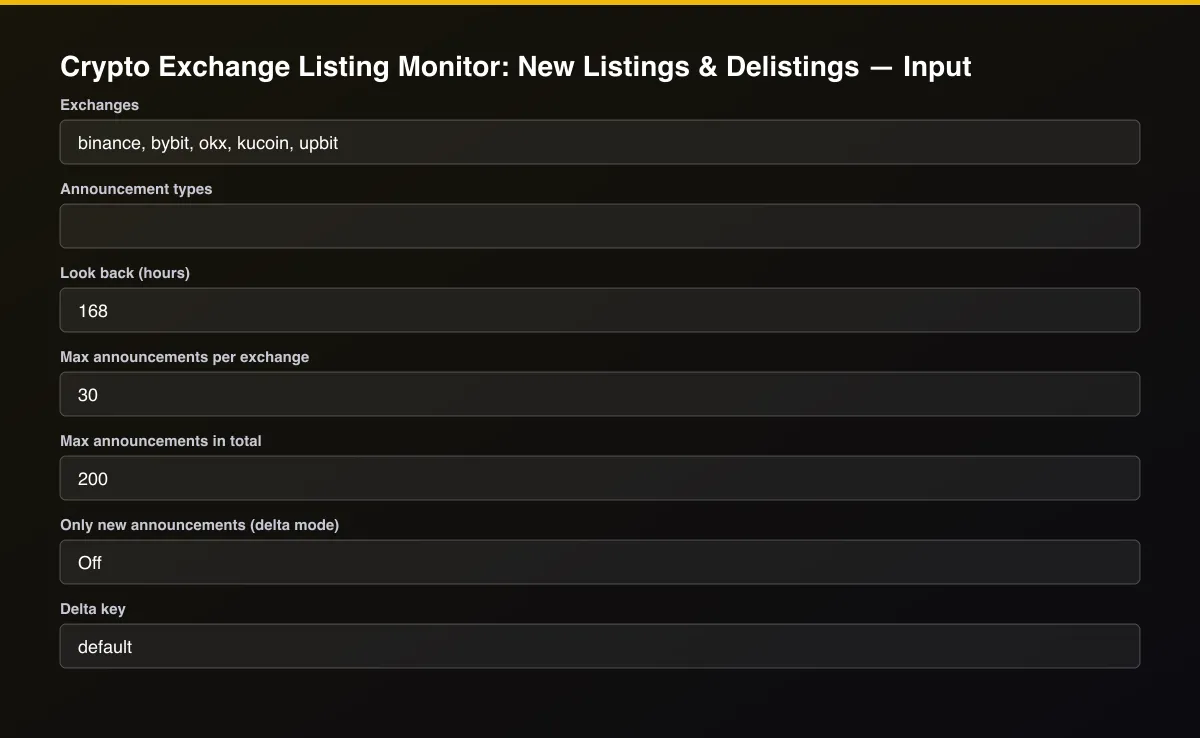 Crypto Exchange Listing Monitor: New Listings & Delistings input form