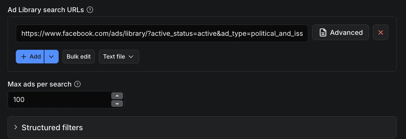 Facebook Ad Library scraper input form in the Apify console: one pasted Ad Library search URL and a max ads per search field, structured filters collapsed below