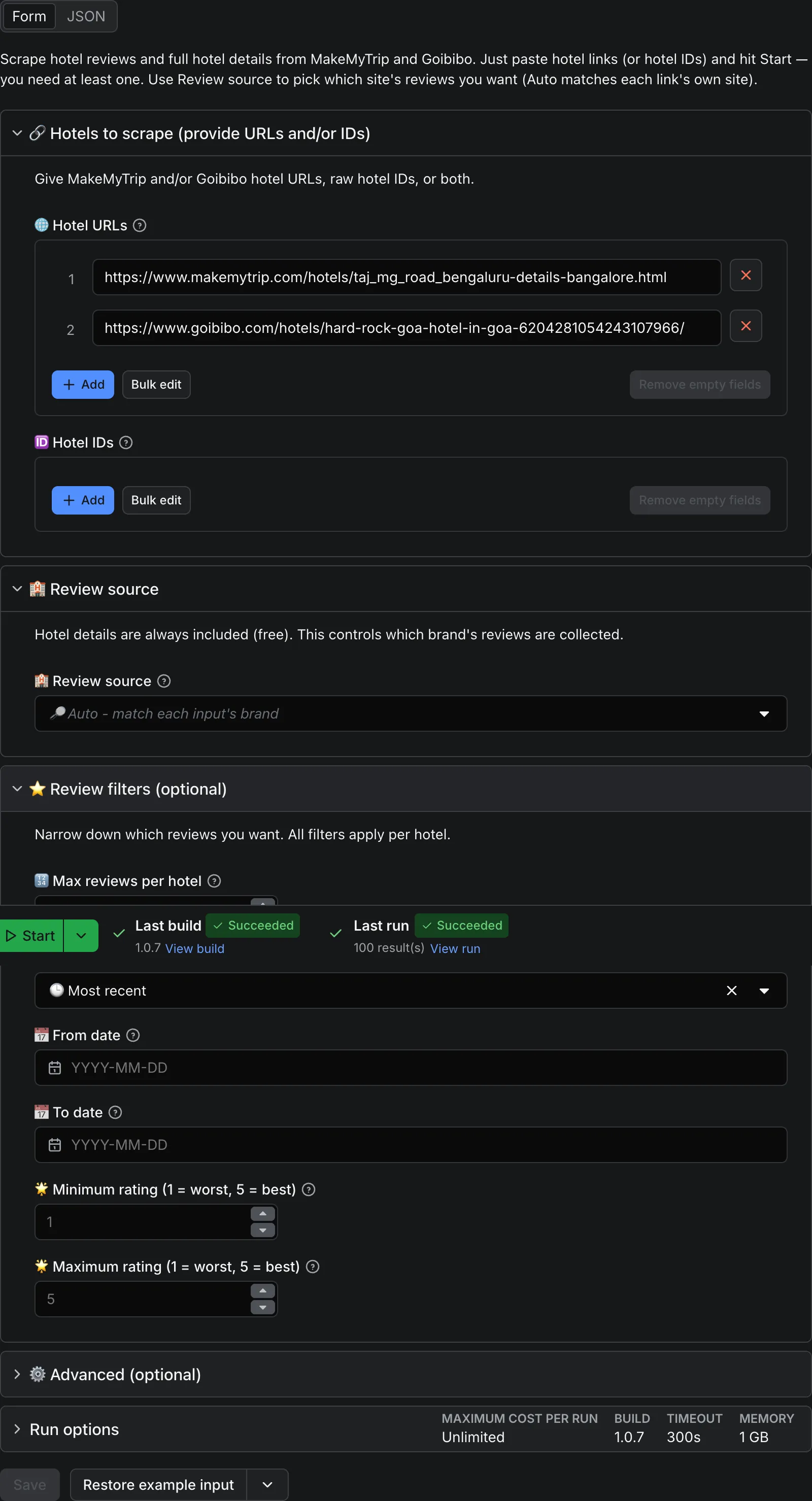 MakeMyTrip and Goibibo Hotels and Reviews Scraper input form on Apify Store with emoji-rich field titles, prefilled MakeMyTrip and Goibibo demo URLs, a review-source selector, and review filters for date range and rating