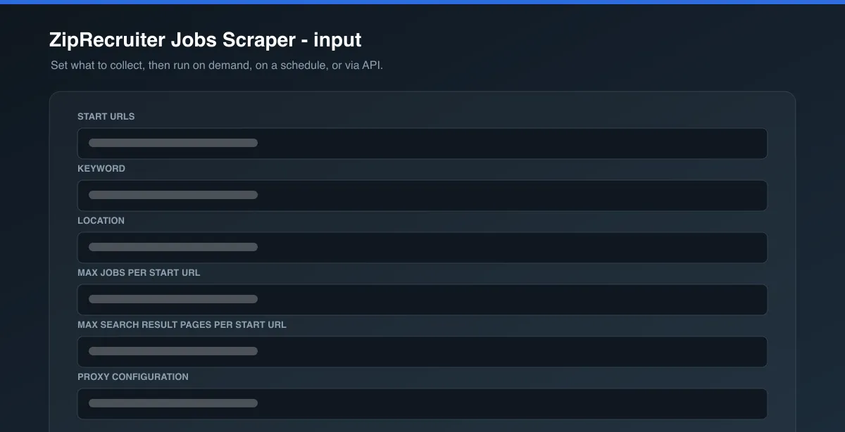 ZipRecruiter Jobs Scraper input options