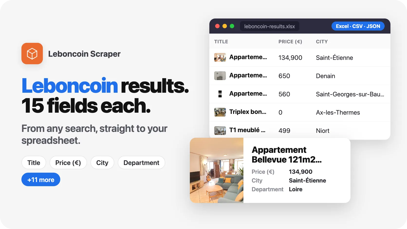 1 search. 985 Leboncoin results. 7 fields per result.