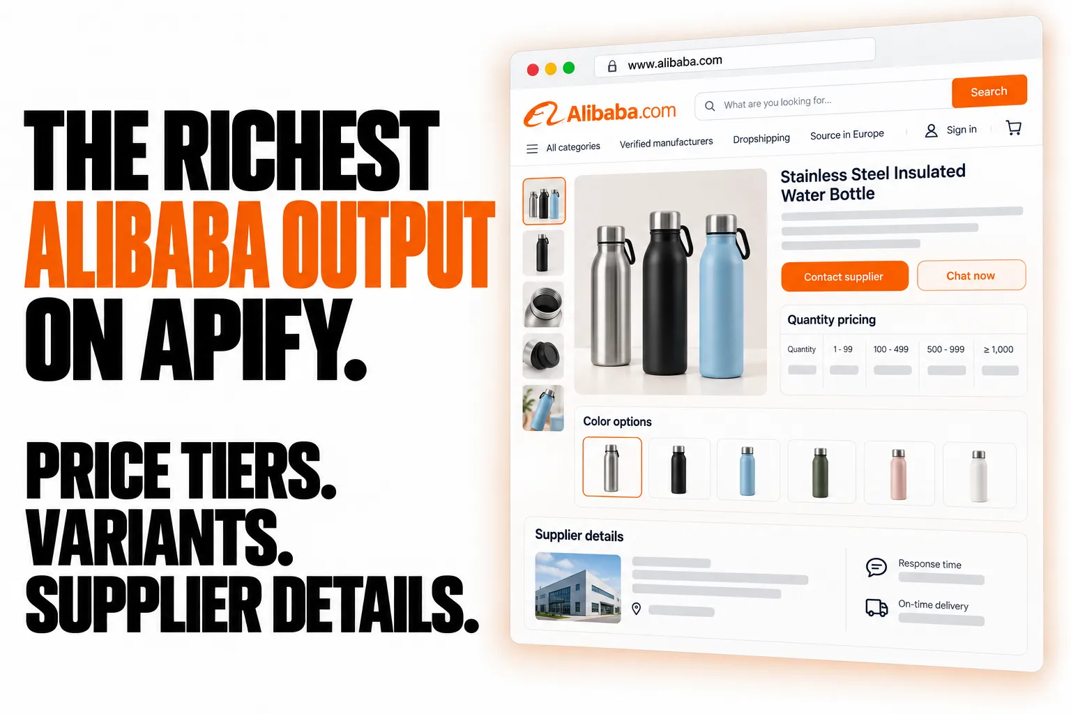 THE RICHEST ALIBABA OUTPUT ON APIFY. PRICE TIERS. VARIANTS. SUPPLIER DETAILS.