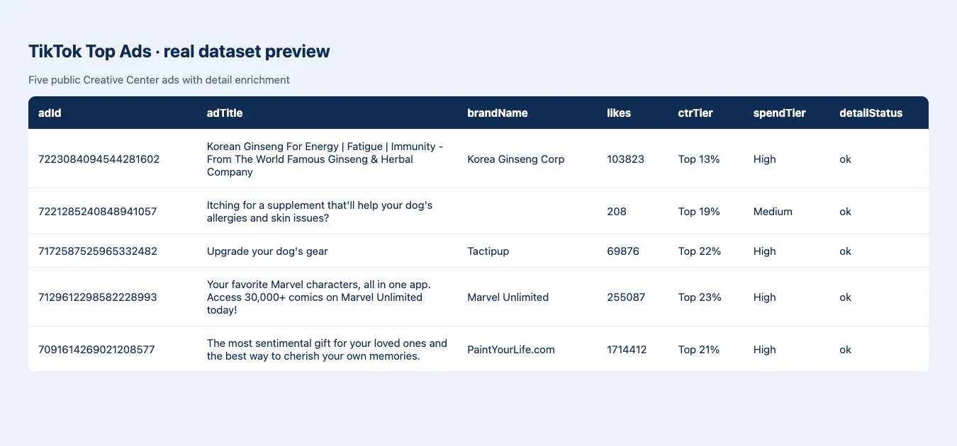 Real TikTok Top Ads dataset preview