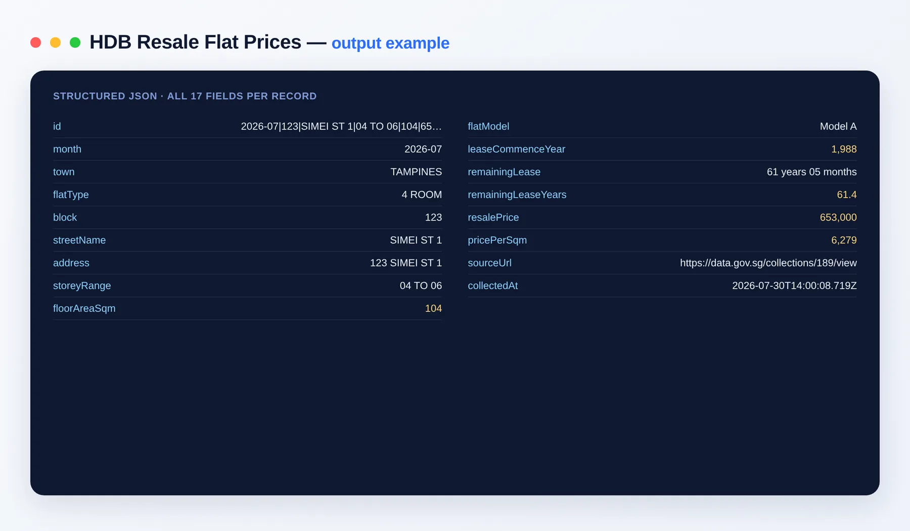 Singapore HDB Resale Flat Prices output example — HDB resale transactions as structured JSON