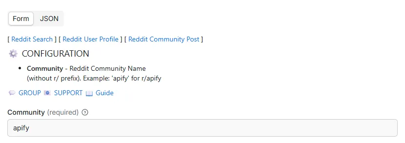 Reddit Community Profile input configuration showing 1 parameter: Community (subreddit name input)