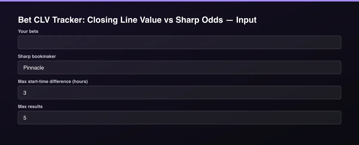 Bet CLV Tracker: Closing Line Value vs Sharp Odds input form