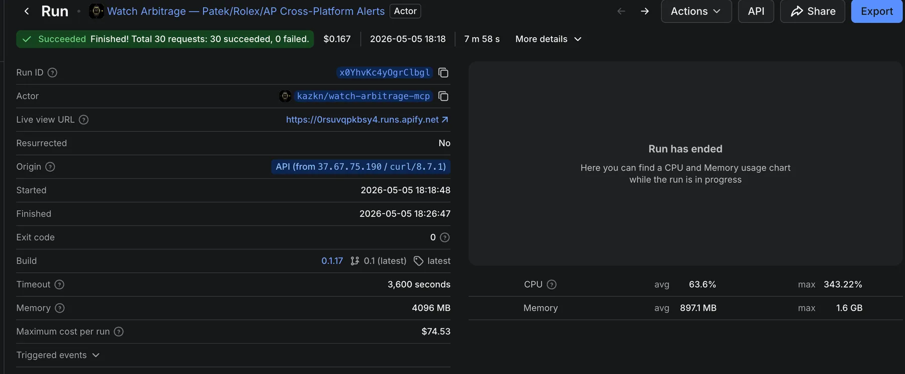 Apify Console run summary — Succeeded, 30/0, $0.167, 7m 58s