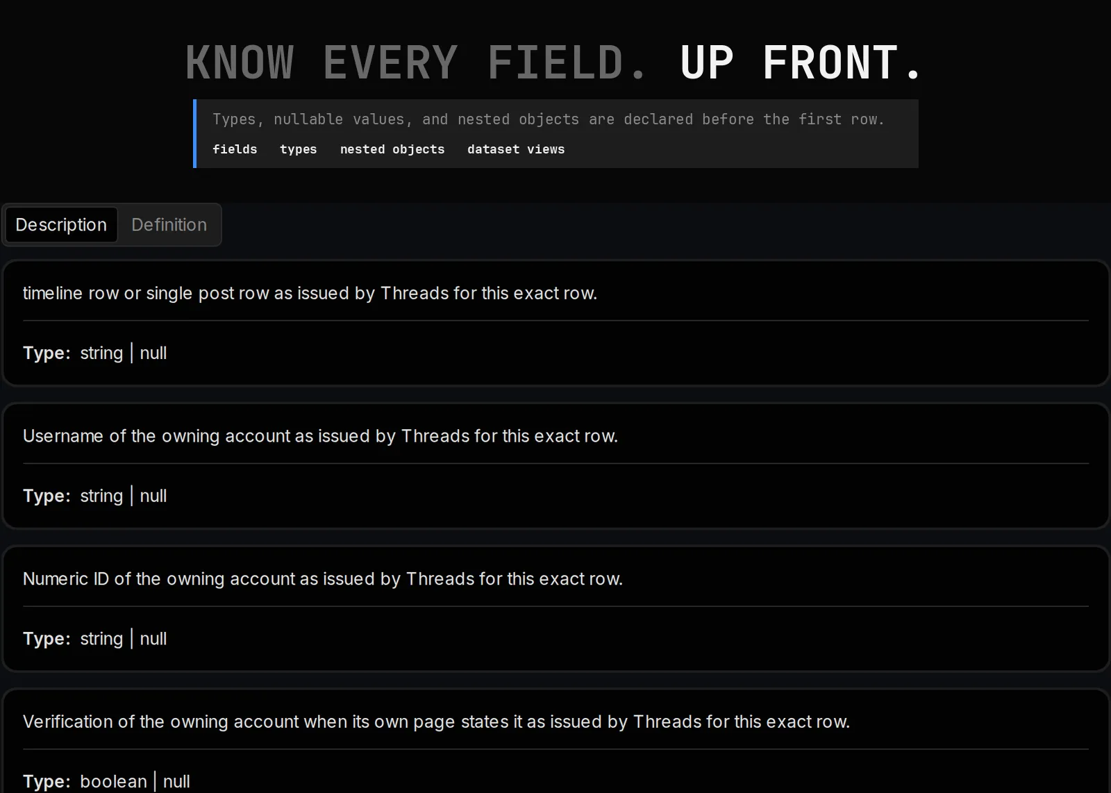 Threads Data Scraper declared output schema
