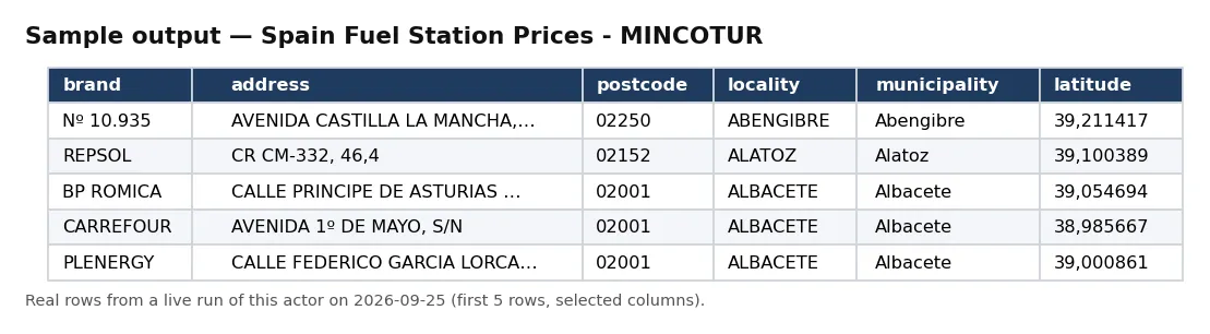 Sample output — Spain Fuel Station Prices - MINCOTUR