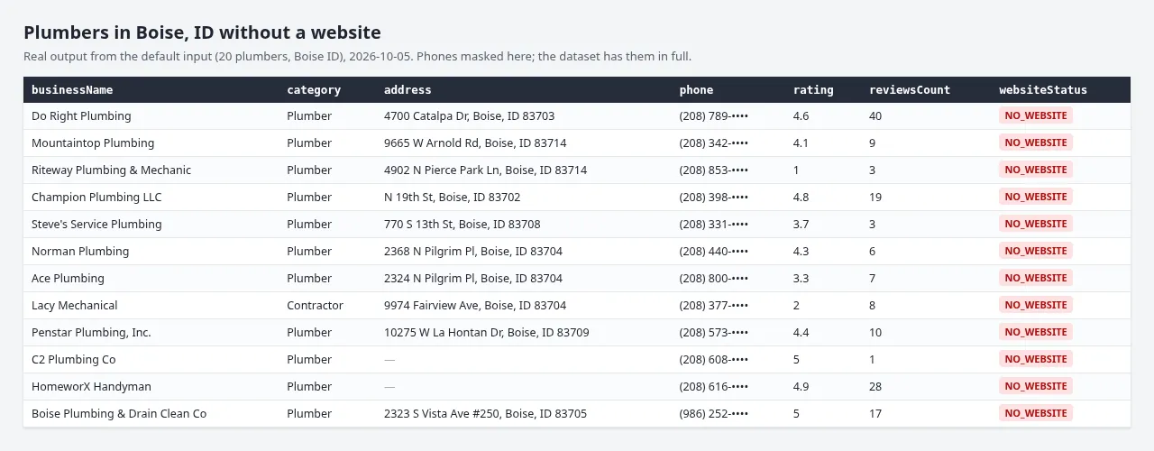 Plumbers in Boise, ID without a website: real output from the default input